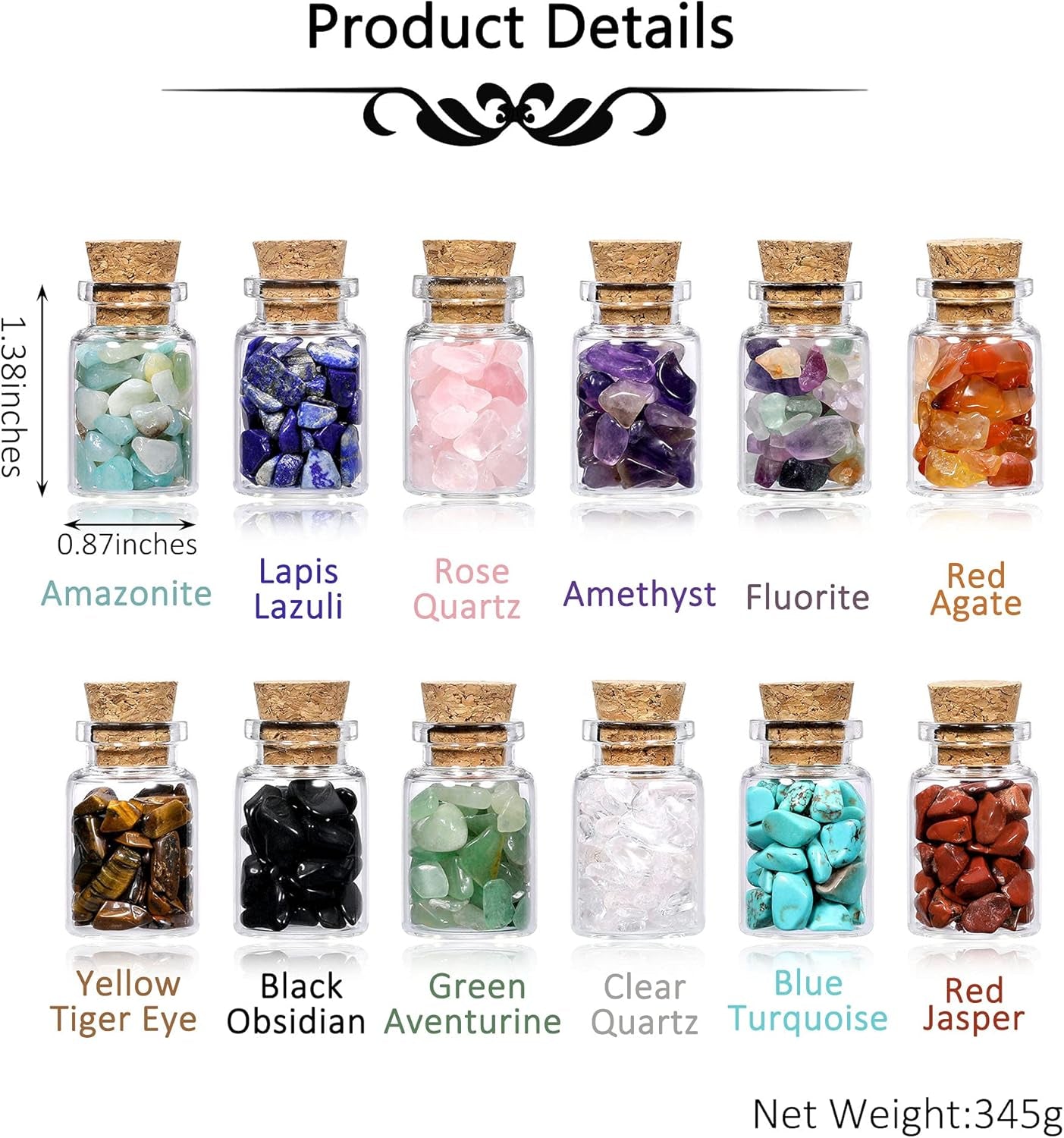 PREMIA HOMES 12 Crystal Gemstone Bottles Reiki Chip Crystals for Witchcraft Healing Tumbled Gem Wicca Stones Set with Gift Box for Meditation Home Decoration Christmas Gift (12Pcs)