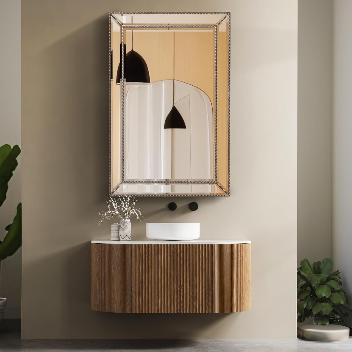 PREMIA HOMES (24'' X 36'') Metro Beveled Edge Mirror with Beaded Glass Frame, Wall Mounted Rectangle Mirror for Bathroom Vanity, over Sink, Entryway, and Bedroom, Champagne Silver