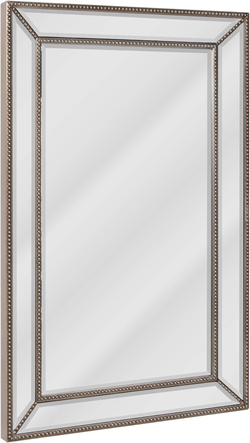 PREMIA HOMES (24'' X 36'') Metro Beveled Edge Mirror with Beaded Glass Frame, Wall Mounted Rectangle Mirror for Bathroom Vanity, over Sink, Entryway, and Bedroom, Champagne Silver