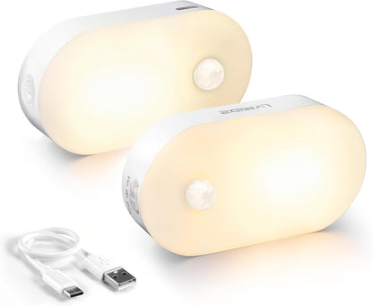 PREMIA HOMES Rechargeable Battery Night Light with Motion Sensor, Portable Mini Warm White LED Stick-On Closet Light, Adjustable Brightness for Bathroom, Bedroom, Kitchen, Cabinet, Stairs, Hallway, 2-Pack