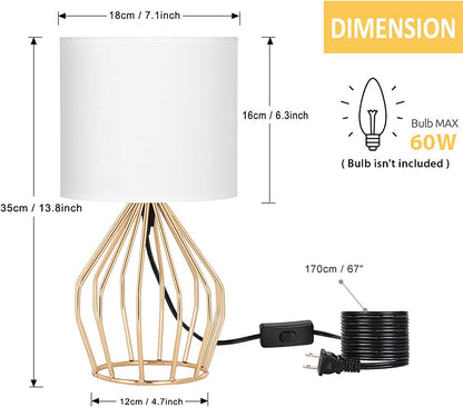 PREMIA HOMES Gold Table Lamp - Modern Style Desk Lamp with Hollowed Out Base Linen Fabric Shade, Small Golden Bedside Lamp for Bedrooms, Living Room