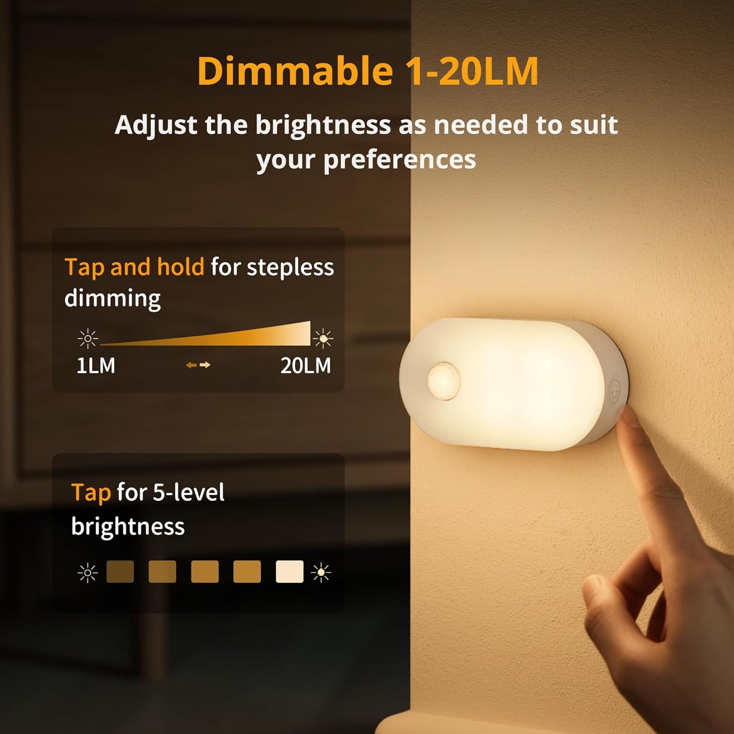 PREMIA HOMES Rechargeable Battery Night Light with Motion Sensor, Portable Mini Warm White LED Stick-On Closet Light, Adjustable Brightness for Bathroom, Bedroom, Kitchen, Cabinet, Stairs, Hallway, 2-Pack