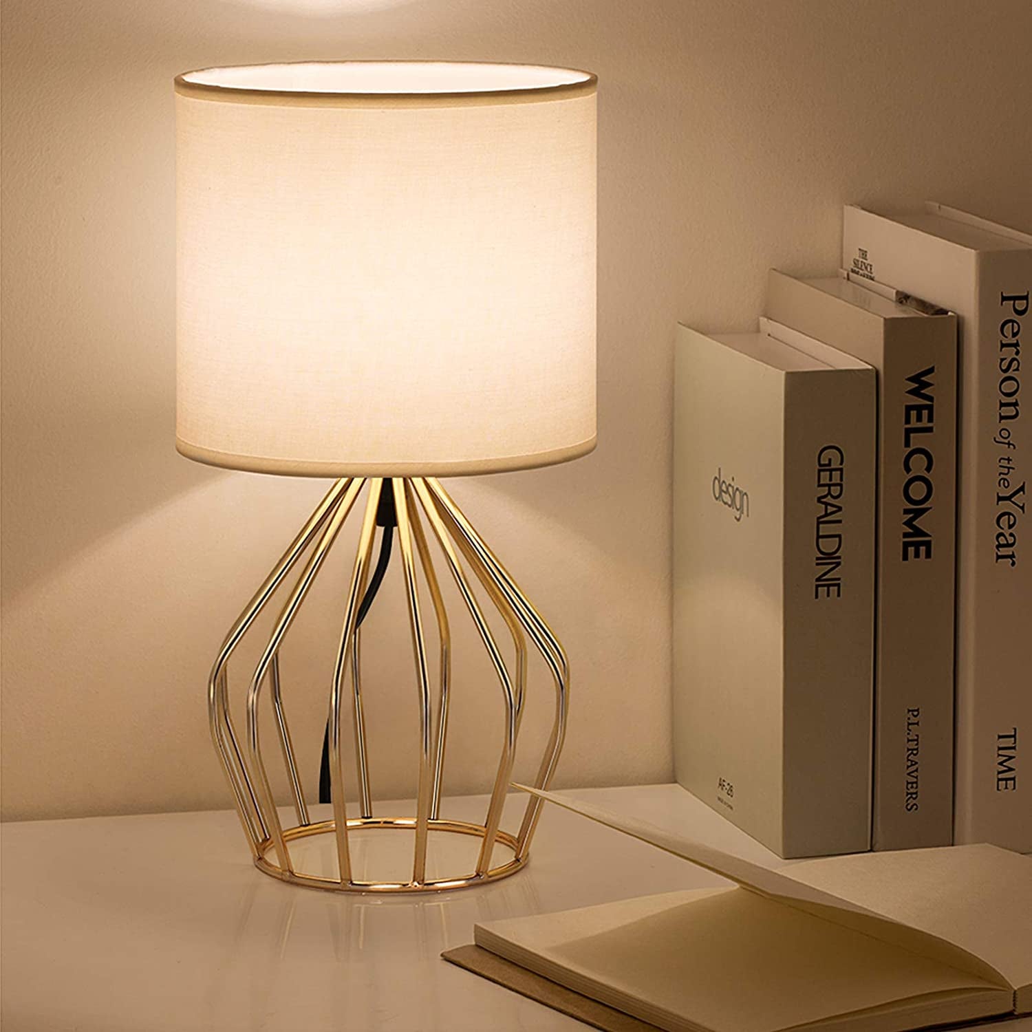 PREMIA HOMES Gold Table Lamp - Modern Style Desk Lamp with Hollowed Out Base Linen Fabric Shade, Small Golden Bedside Lamp for Bedrooms, Living Room