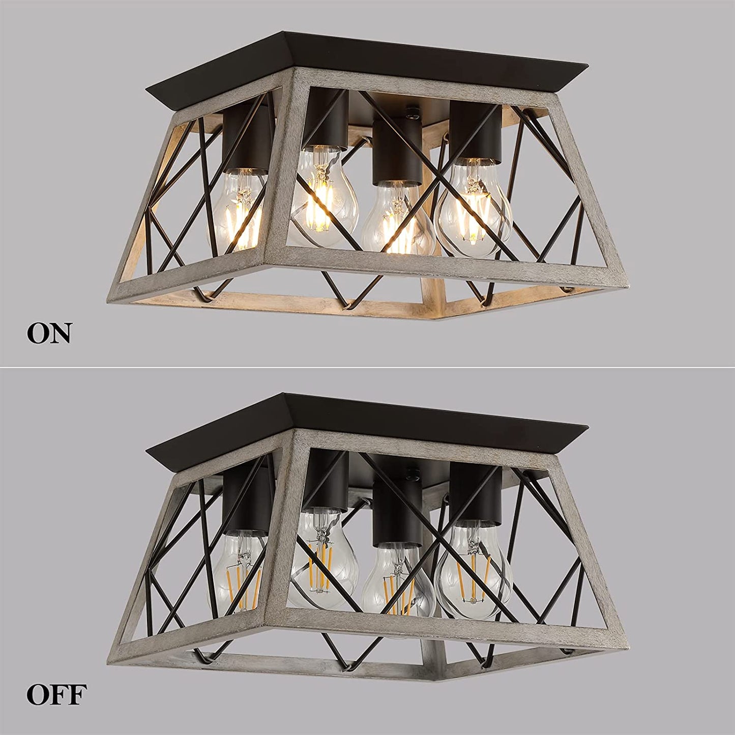 PREMIA HOMES Vintage Farmhouse Flush Mount Ceiling Light Fixture, 4-Light Oak White Semi-Flush Mount Lamp, Rustic Industrial Square Cage Ceiling Light for Dining Room Bedroom Entryway Hallway Kitchen