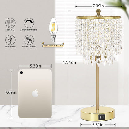 PREMIA HOMES Crystal Table Lamp Set of 2, 3-Way Dimmable Nightstand Lamp with 2 USB Charging Ports, Gold Bedside Lamp for Bedroom, Touch Lamp with Elegant Shade for Living Room, B11 LED Bulb Included