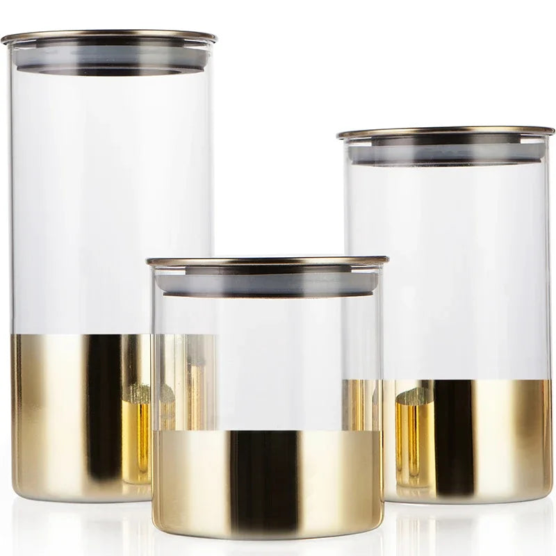 PREMIA HOMES Golden Transparent Glass Bottles, Candy Jars, Household Sealed Jars with Lids, Kitchen Food Storage Jars, Coffee Beans, Tea Jars