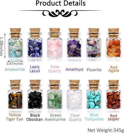 PREMIA HOMES 12 Crystal Gemstone Bottles Reiki Chip Crystals for Witchcraft Healing Tumbled Gem Wicca Stones Set with Gift Box for Meditation Home Decoration Christmas Gift (12Pcs)