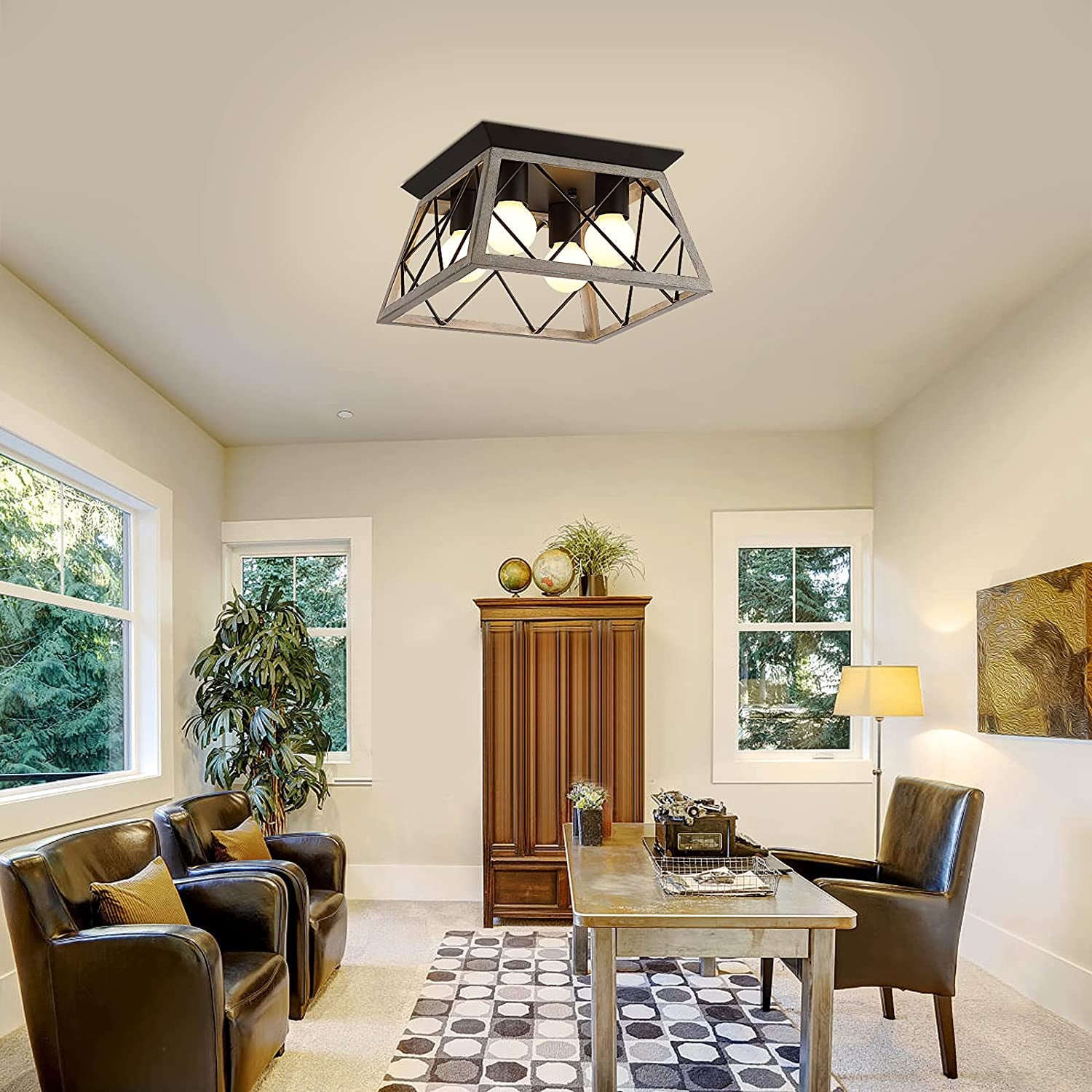 PREMIA HOMES Vintage Farmhouse Flush Mount Ceiling Light Fixture, 4-Light Oak White Semi-Flush Mount Lamp, Rustic Industrial Square Cage Ceiling Light for Dining Room Bedroom Entryway Hallway Kitchen