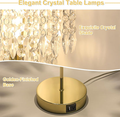 PREMIA HOMES Crystal Table Lamp Set of 2, 3-Way Dimmable Nightstand Lamp with 2 USB Charging Ports, Gold Bedside Lamp for Bedroom, Touch Lamp with Elegant Shade for Living Room, B11 LED Bulb Included