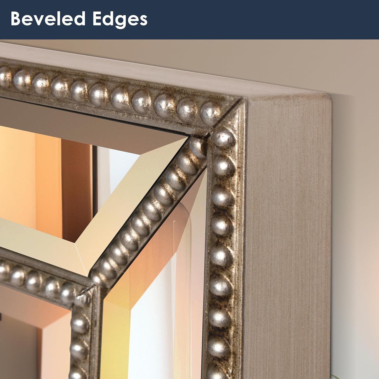 PREMIA HOMES (24'' X 36'') Metro Beveled Edge Mirror with Beaded Glass Frame, Wall Mounted Rectangle Mirror for Bathroom Vanity, over Sink, Entryway, and Bedroom, Champagne Silver
