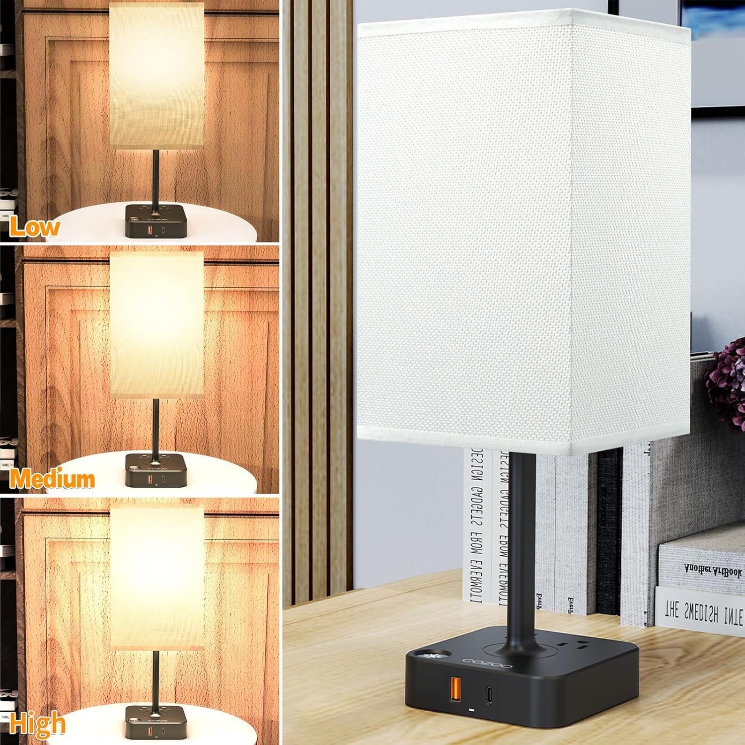 PREMIA HOMES  Table Lamp Dimmable  USB Bedside Table Desk Lamp with 2 USB Charging Port(A+C) 2 Outlet,Nightstand Lamp with Charger Base White Fabric Shade,Led Touch Lamp for Bedroom/Livingroom/Dorm/Home Office