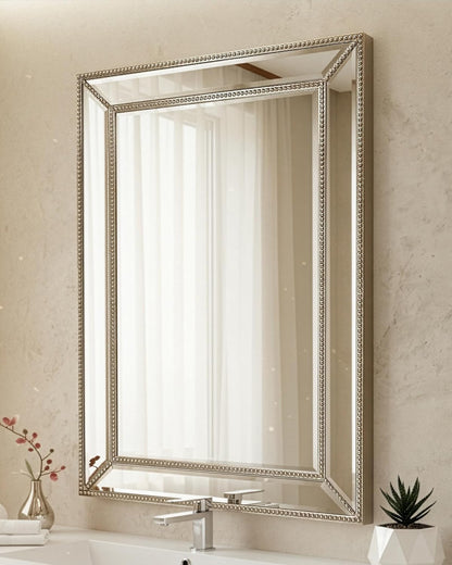 PREMIA HOMES (24'' X 36'') Metro Beveled Edge Mirror with Beaded Glass Frame, Wall Mounted Rectangle Mirror for Bathroom Vanity, over Sink, Entryway, and Bedroom, Champagne Silver