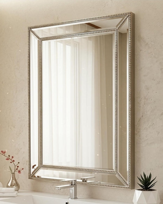 PREMIA HOMES (24'' X 36'') Metro Beveled Edge Mirror with Beaded Glass Frame, Wall Mounted Rectangle Mirror for Bathroom Vanity, over Sink, Entryway, and Bedroom, Champagne Silver