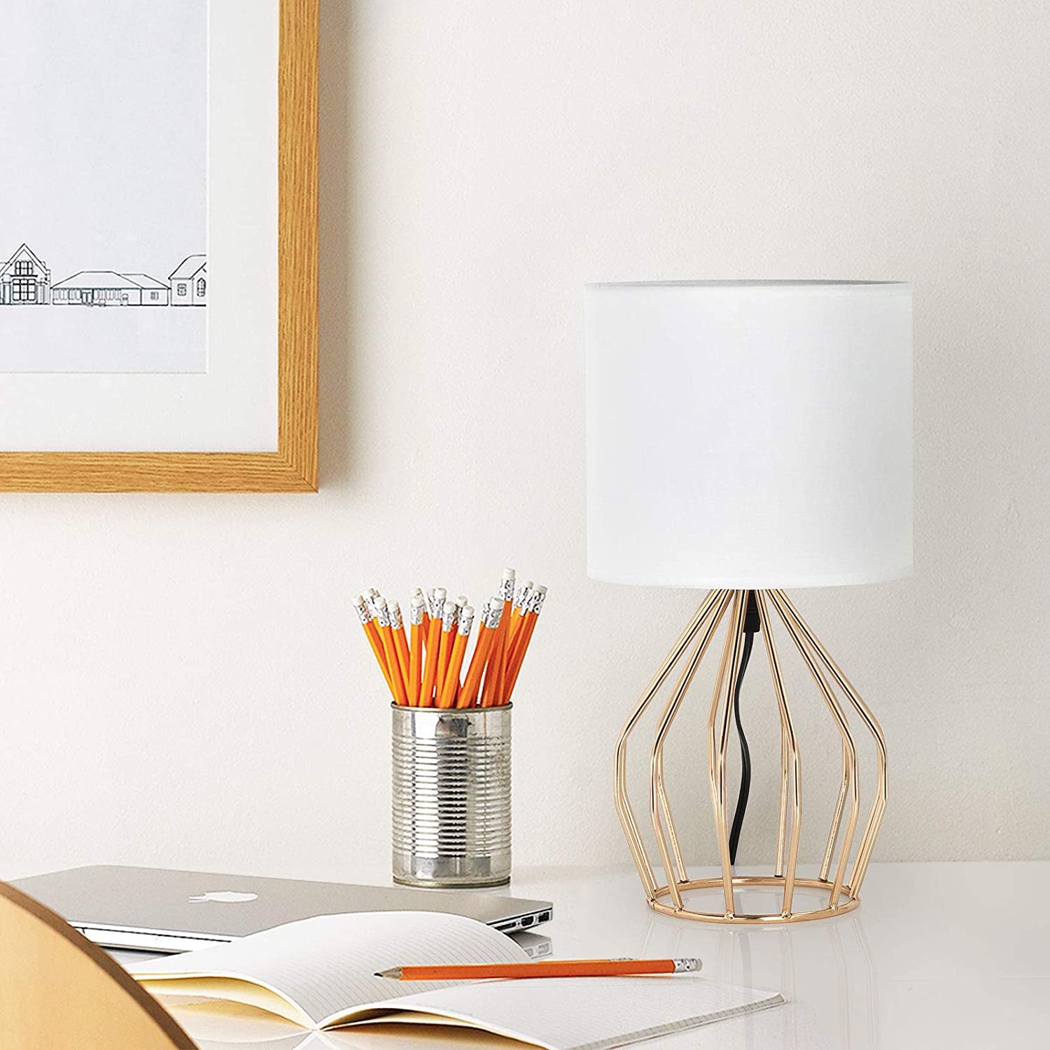 PREMIA HOMES Gold Table Lamp - Modern Style Desk Lamp with Hollowed Out Base Linen Fabric Shade, Small Golden Bedside Lamp for Bedrooms, Living Room