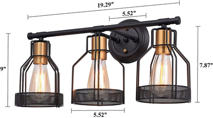 PREMIA HOMES Industrial Bathroom Vanity Light 3 Light Farmhouse Metal Cage Bathroom Wall Light Fixture Black Wall Sconce Lighting Edison Vintage Wall Light Fixture for Bathroom Vanity Mirror Cabinet