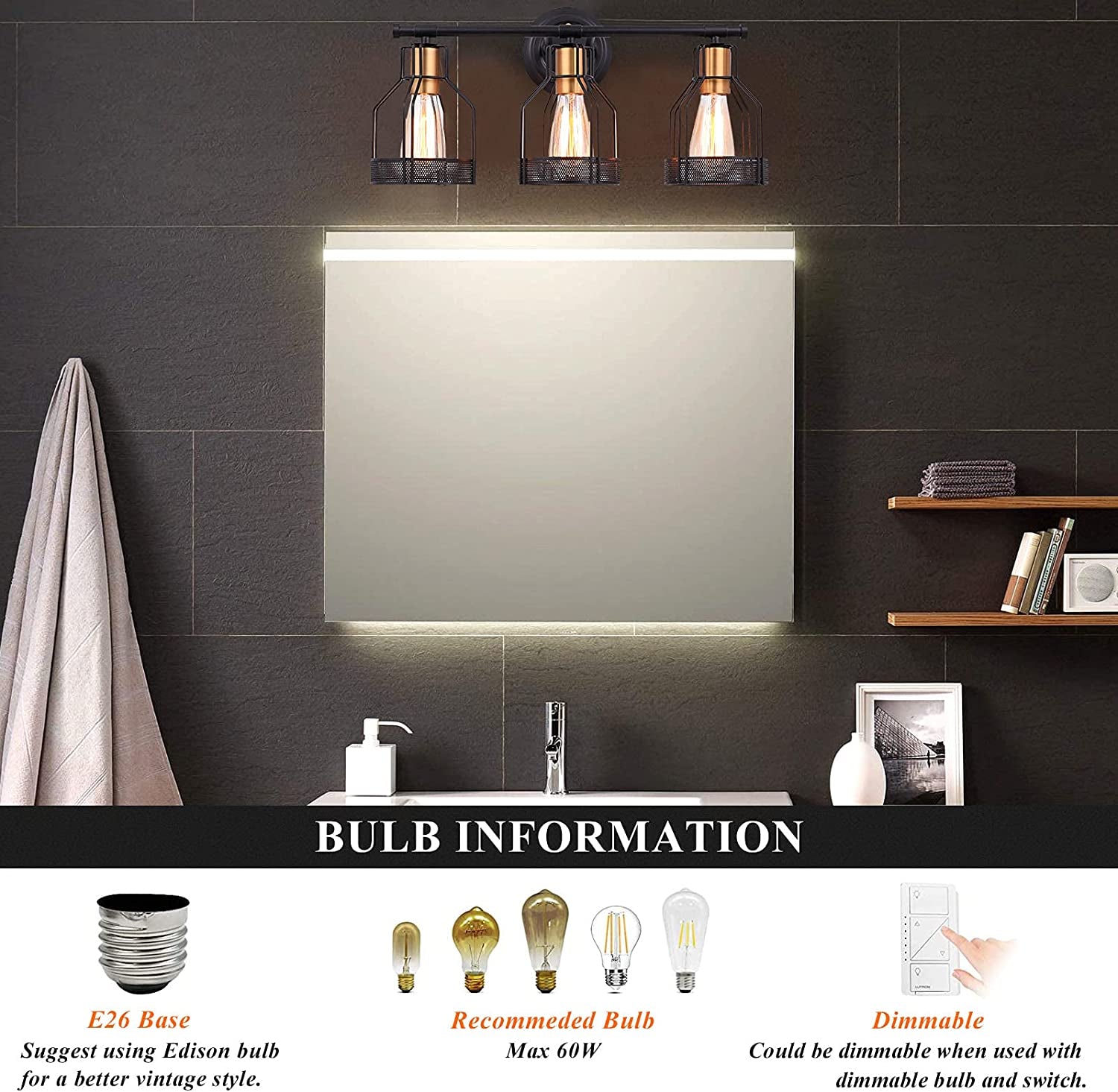 PREMIA HOMES Industrial Bathroom Vanity Light 3 Light Farmhouse Metal Cage Bathroom Wall Light Fixture Black Wall Sconce Lighting Edison Vintage Wall Light Fixture for Bathroom Vanity Mirror Cabinet