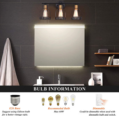 PREMIA HOMES Industrial Bathroom Vanity Light 3 Light Farmhouse Metal Cage Bathroom Wall Light Fixture Black Wall Sconce Lighting Edison Vintage Wall Light Fixture for Bathroom Vanity Mirror Cabinet