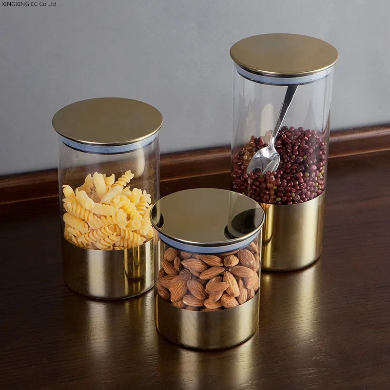 PREMIA HOMES Golden Transparent Glass Bottles, Candy Jars, Household Sealed Jars with Lids, Kitchen Food Storage Jars, Coffee Beans, Tea Jars