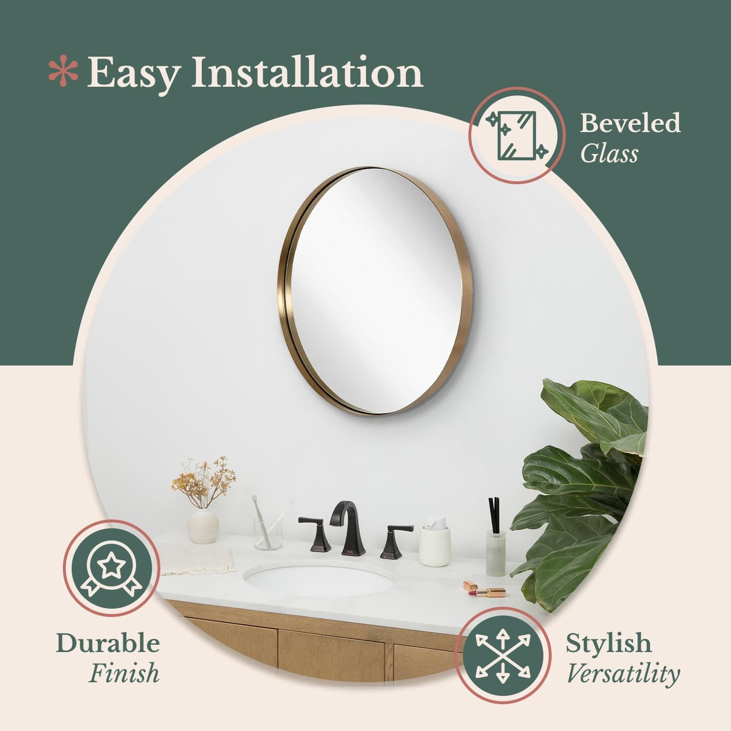 round Beveled Mirror - 30' Circle Mirror - Classic Gold Frame - Wall Mount for Home Decor - Elegant Vanity Mirror for Bathroom, Bedroom, Living Room - Deep Metal Frame