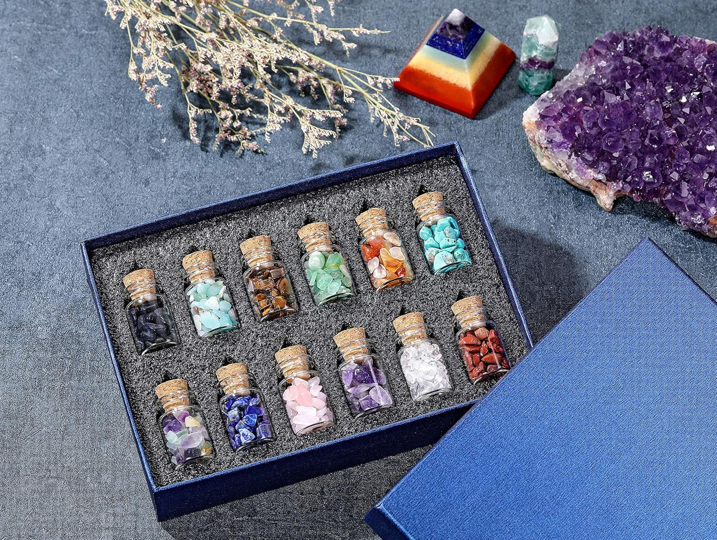 PREMIA HOMES 12 Crystal Gemstone Bottles Reiki Chip Crystals for Witchcraft Healing Tumbled Gem Wicca Stones Set with Gift Box for Meditation Home Decoration Christmas Gift (12Pcs)