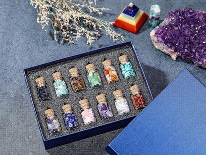 PREMIA HOMES 12 Crystal Gemstone Bottles Reiki Chip Crystals for Witchcraft Healing Tumbled Gem Wicca Stones Set with Gift Box for Meditation Home Decoration Christmas Gift (12Pcs)