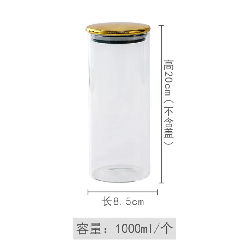 PREMIA HOMES Golden Transparent Glass Bottles, Candy Jars, Household Sealed Jars with Lids, Kitchen Food Storage Jars, Coffee Beans, Tea Jars