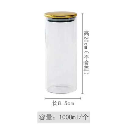 PREMIA HOMES Golden Transparent Glass Bottles, Candy Jars, Household Sealed Jars with Lids, Kitchen Food Storage Jars, Coffee Beans, Tea Jars