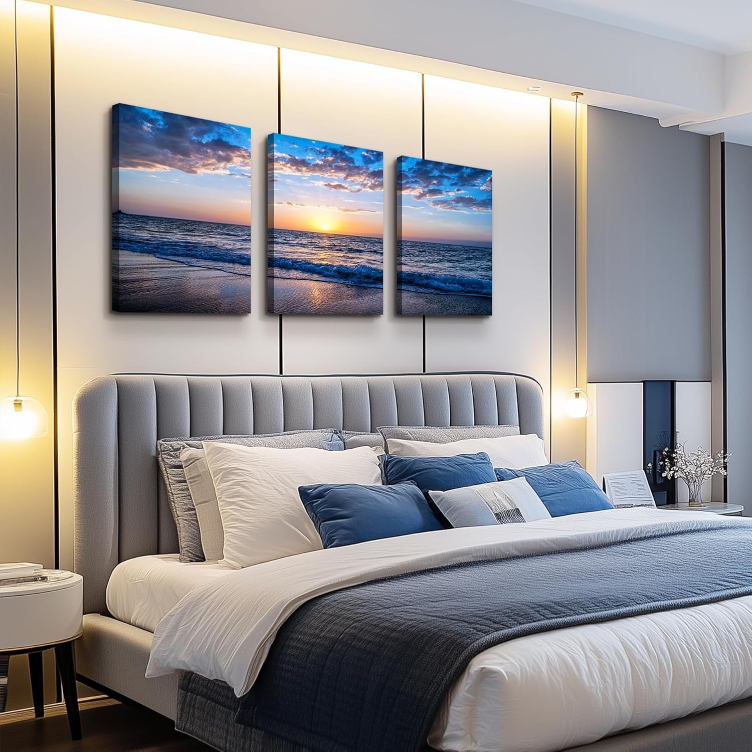 PREMIA HOMES Set of 3 Wall Art Canvas Prints, Beach Sunrise Sunset Pictures Wall Decor Ocean Waves Nature Seascape Poster Coastal Landscape Painting for Living Room, Bedroom, Office Home Decor