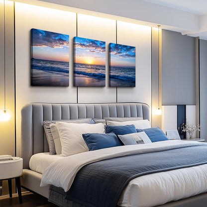 PREMIA HOMES Set of 3 Wall Art Canvas Prints, Beach Sunrise Sunset Pictures Wall Decor Ocean Waves Nature Seascape Poster Coastal Landscape Painting for Living Room, Bedroom, Office Home Decor