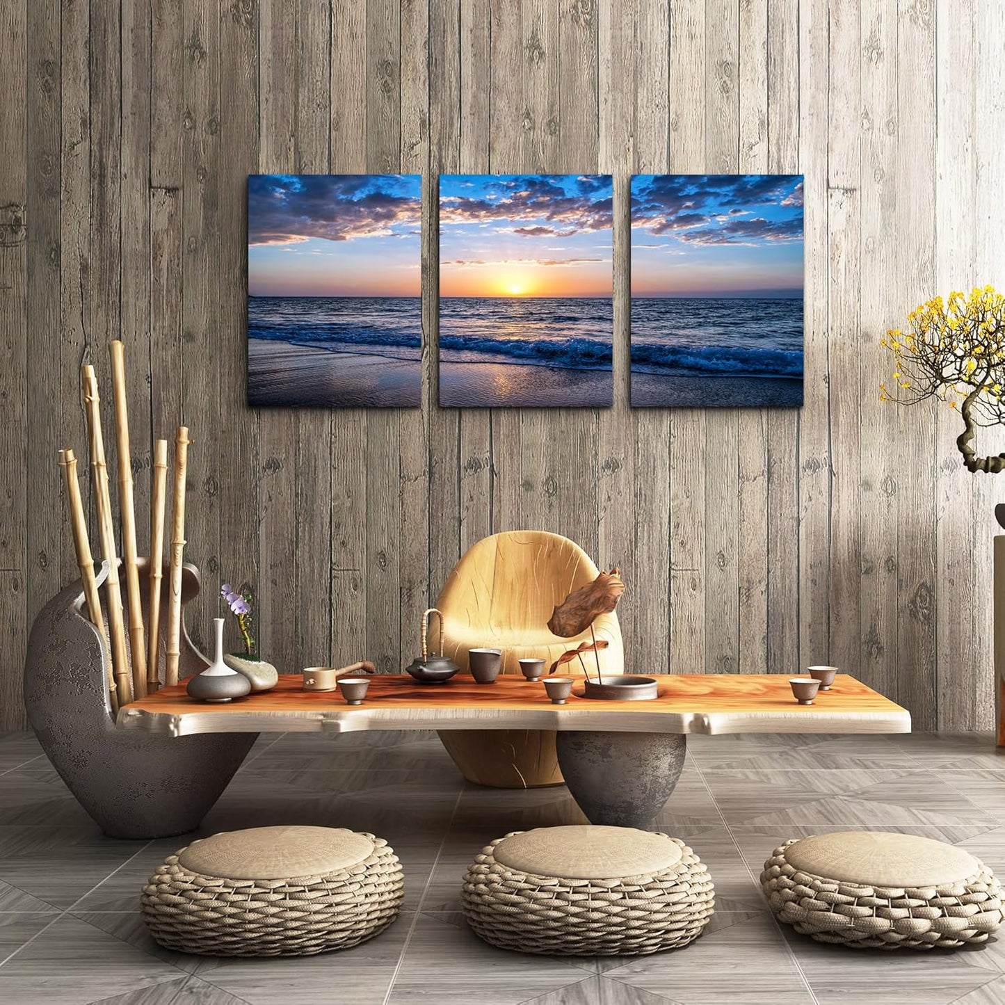 PREMIA HOMES Set of 3 Wall Art Canvas Prints, Beach Sunrise Sunset Pictures Wall Decor Ocean Waves Nature Seascape Poster Coastal Landscape Painting for Living Room, Bedroom, Office Home Decor