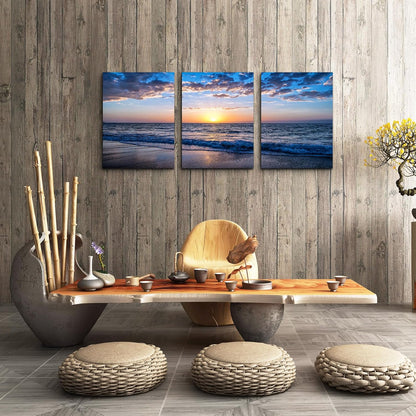 PREMIA HOMES Set of 3 Wall Art Canvas Prints, Beach Sunrise Sunset Pictures Wall Decor Ocean Waves Nature Seascape Poster Coastal Landscape Painting for Living Room, Bedroom, Office Home Decor