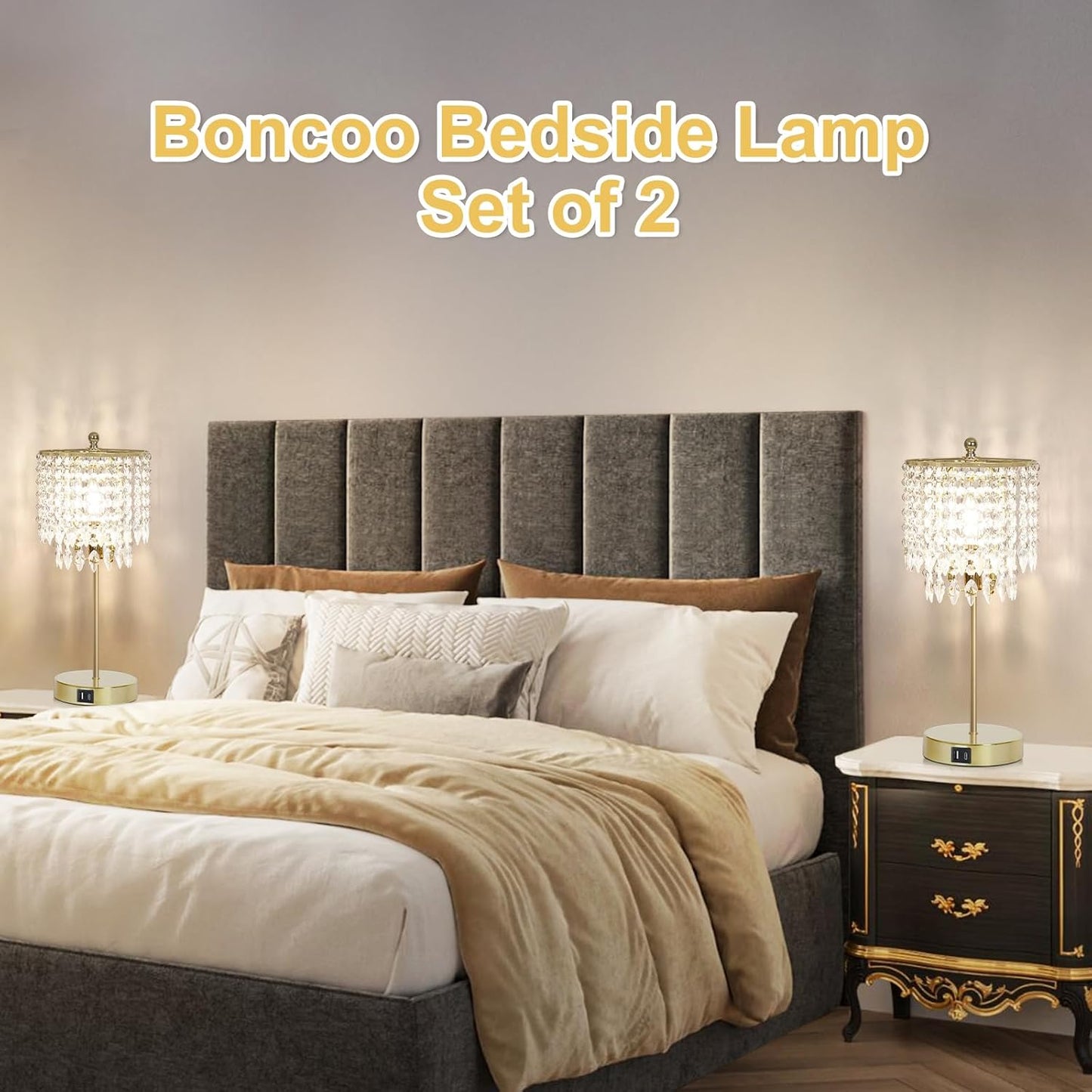 PREMIA HOMES Crystal Table Lamp Set of 2, 3-Way Dimmable Nightstand Lamp with 2 USB Charging Ports, Gold Bedside Lamp for Bedroom, Touch Lamp with Elegant Shade for Living Room, B11 LED Bulb Included