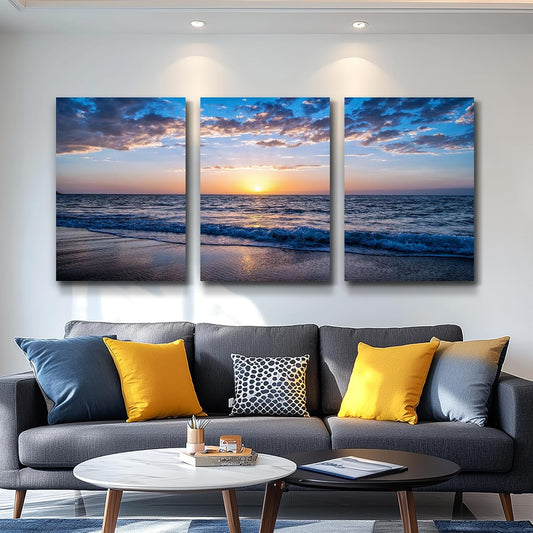 PREMIA HOMES Set of 3 Wall Art Canvas Prints, Beach Sunrise Sunset Pictures Wall Decor Ocean Waves Nature Seascape Poster Coastal Landscape Painting for Living Room, Bedroom, Office Home Decor