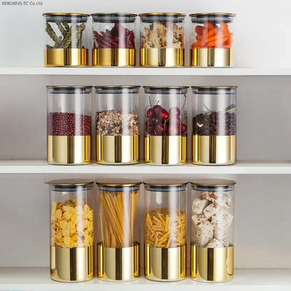 PREMIA HOMES Golden Transparent Glass Bottles, Candy Jars, Household Sealed Jars with Lids, Kitchen Food Storage Jars, Coffee Beans, Tea Jars