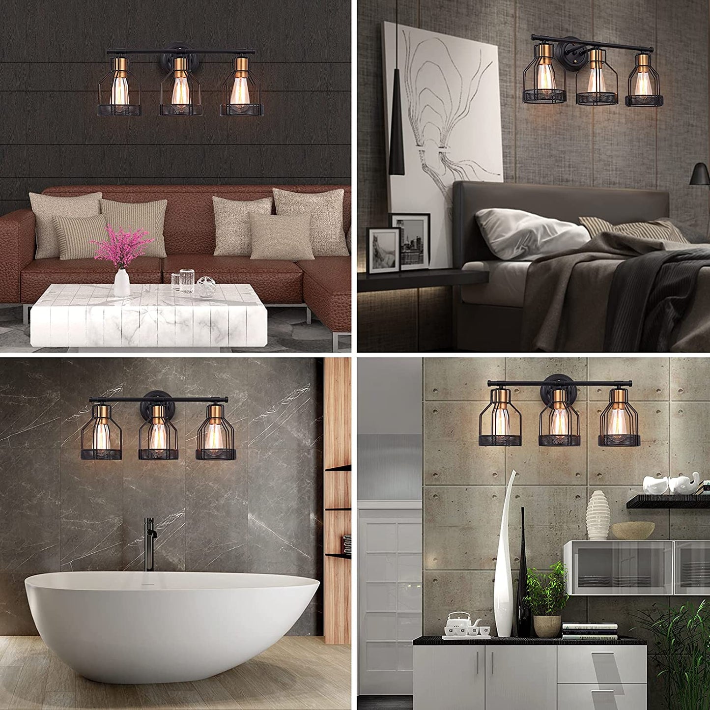 PREMIA HOMES Industrial Bathroom Vanity Light 3 Light Farmhouse Metal Cage Bathroom Wall Light Fixture Black Wall Sconce Lighting Edison Vintage Wall Light Fixture for Bathroom Vanity Mirror Cabinet