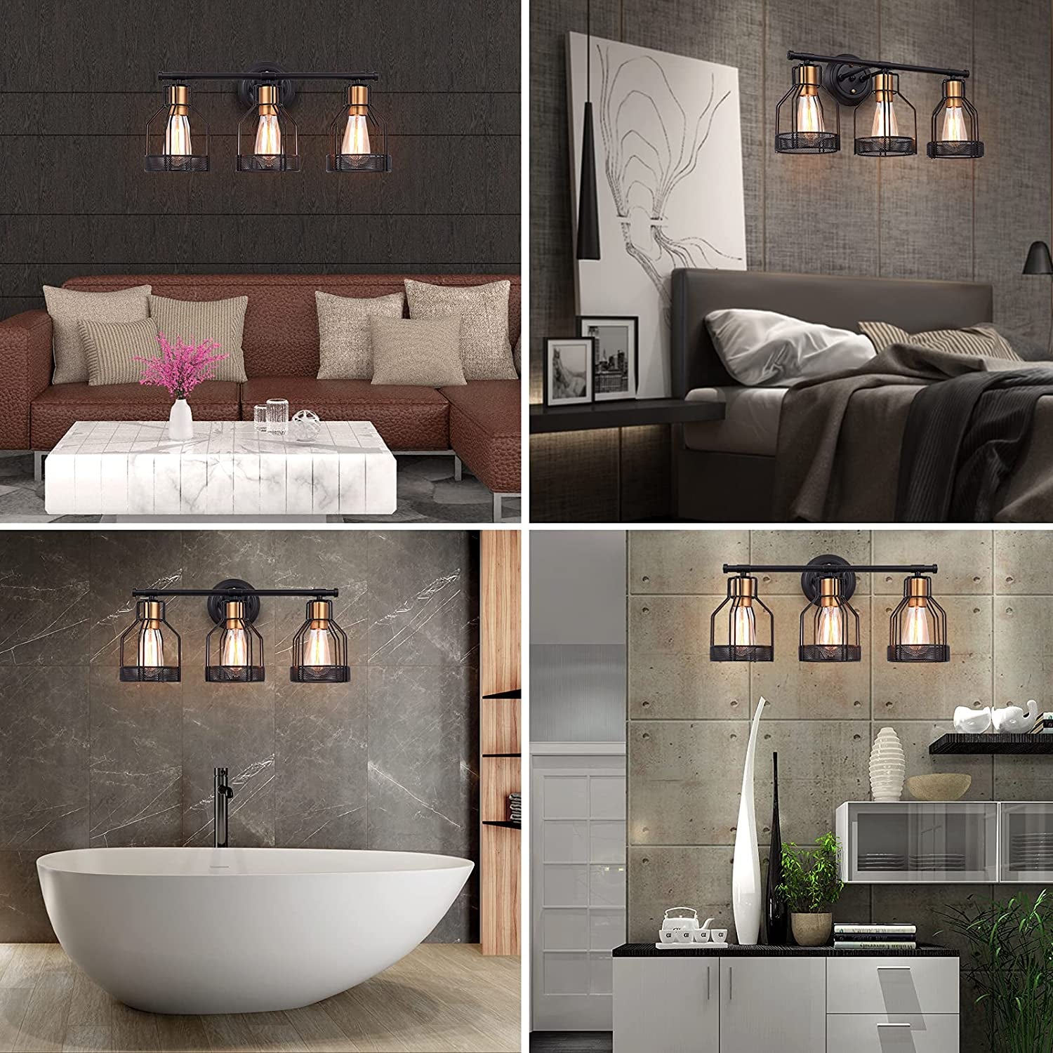 PREMIA HOMES Industrial Bathroom Vanity Light 3 Light Farmhouse Metal Cage Bathroom Wall Light Fixture Black Wall Sconce Lighting Edison Vintage Wall Light Fixture for Bathroom Vanity Mirror Cabinet