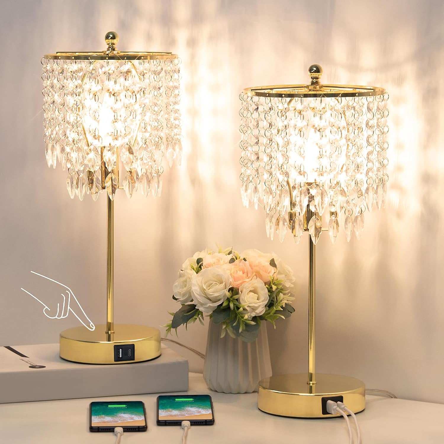 PREMIA HOMES Crystal Table Lamp Set of 2, 3-Way Dimmable Nightstand Lamp with 2 USB Charging Ports, Gold Bedside Lamp for Bedroom, Touch Lamp with Elegant Shade for Living Room, B11 LED Bulb Included