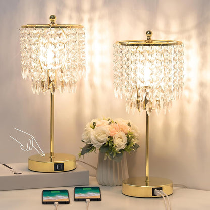 PREMIA HOMES Crystal Table Lamp Set of 2, 3-Way Dimmable Nightstand Lamp with 2 USB Charging Ports, Gold Bedside Lamp for Bedroom, Touch Lamp with Elegant Shade for Living Room, B11 LED Bulb Included