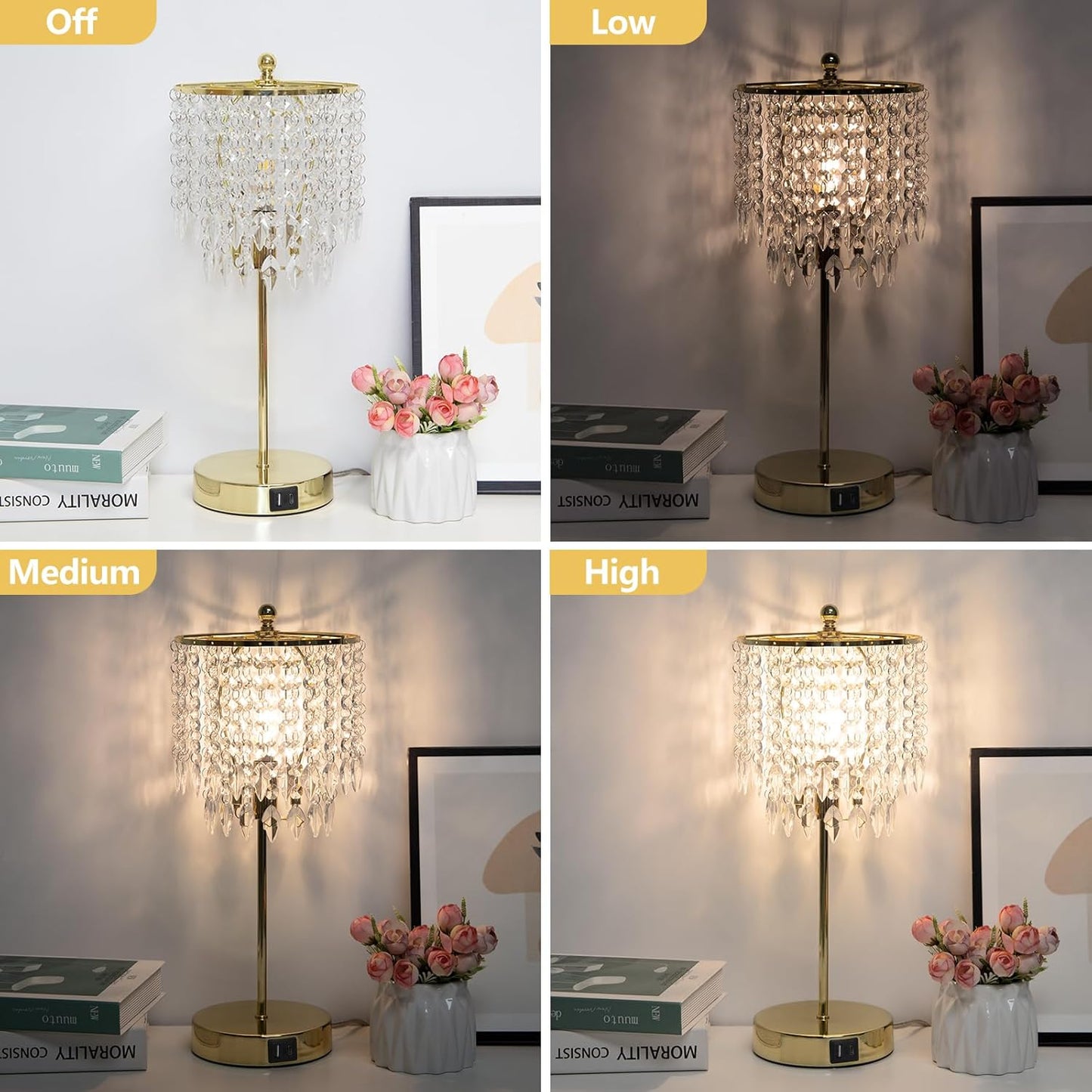 PREMIA HOMES Crystal Table Lamp Set of 2, 3-Way Dimmable Nightstand Lamp with 2 USB Charging Ports, Gold Bedside Lamp for Bedroom, Touch Lamp with Elegant Shade for Living Room, B11 LED Bulb Included