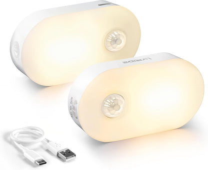 PREMIA HOMES Rechargeable Battery Night Light with Motion Sensor, Portable Mini Warm White LED Stick-On Closet Light, Adjustable Brightness for Bathroom, Bedroom, Kitchen, Cabinet, Stairs, Hallway, 2-Pack