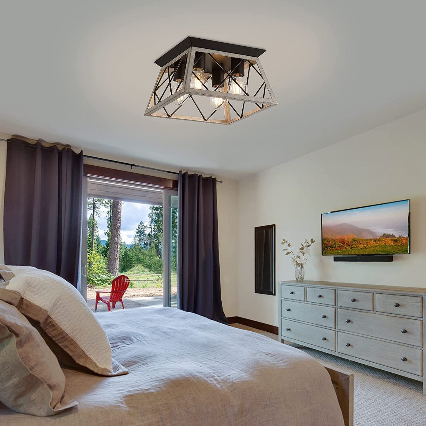PREMIA HOMES Vintage Farmhouse Flush Mount Ceiling Light Fixture, 4-Light Oak White Semi-Flush Mount Lamp, Rustic Industrial Square Cage Ceiling Light for Dining Room Bedroom Entryway Hallway Kitchen