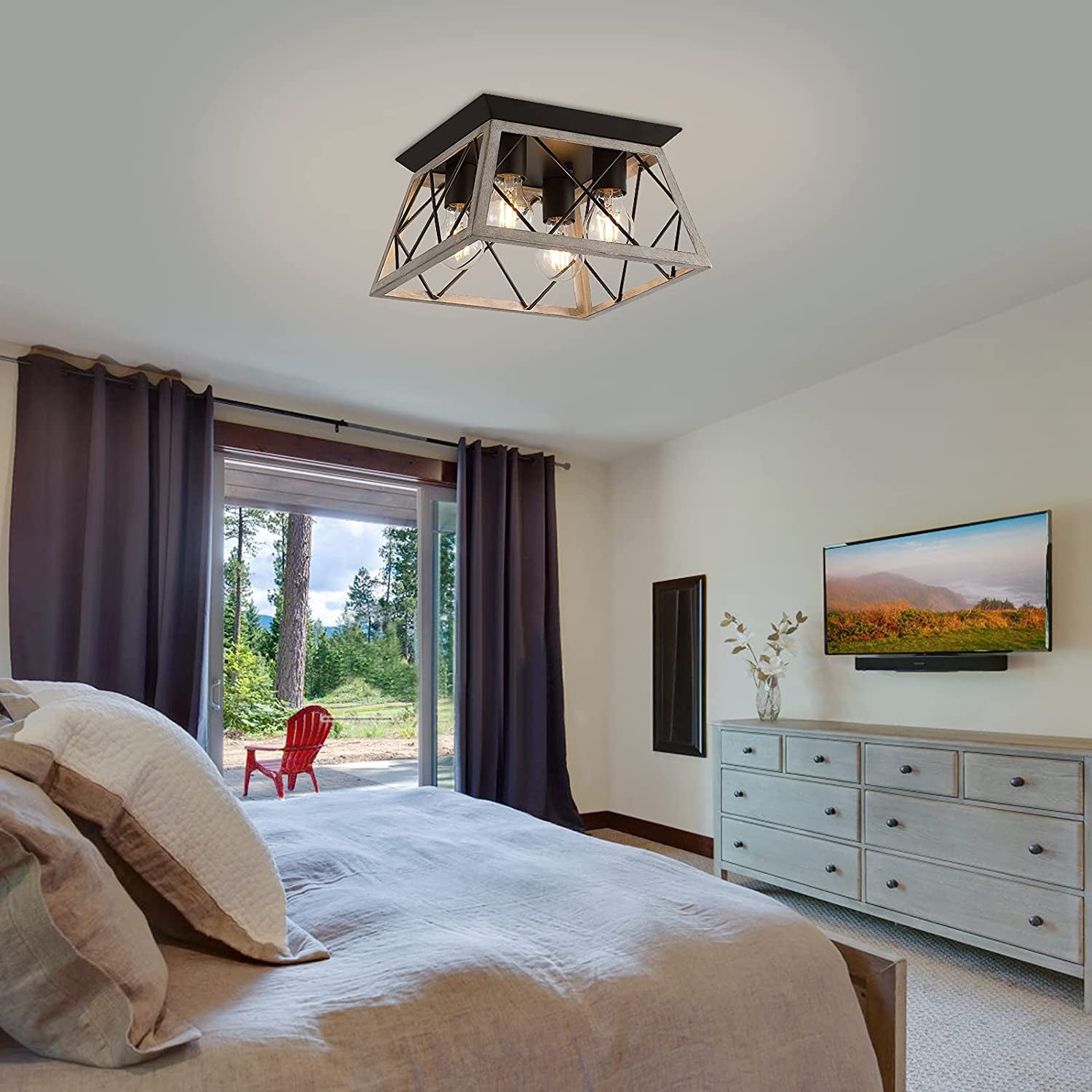PREMIA HOMES Vintage Farmhouse Flush Mount Ceiling Light Fixture, 4-Light Oak White Semi-Flush Mount Lamp, Rustic Industrial Square Cage Ceiling Light for Dining Room Bedroom Entryway Hallway Kitchen