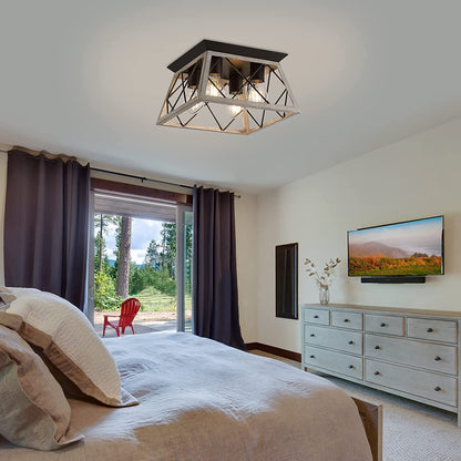 PREMIA HOMES Vintage Farmhouse Flush Mount Ceiling Light Fixture, 4-Light Oak White Semi-Flush Mount Lamp, Rustic Industrial Square Cage Ceiling Light for Dining Room Bedroom Entryway Hallway Kitchen