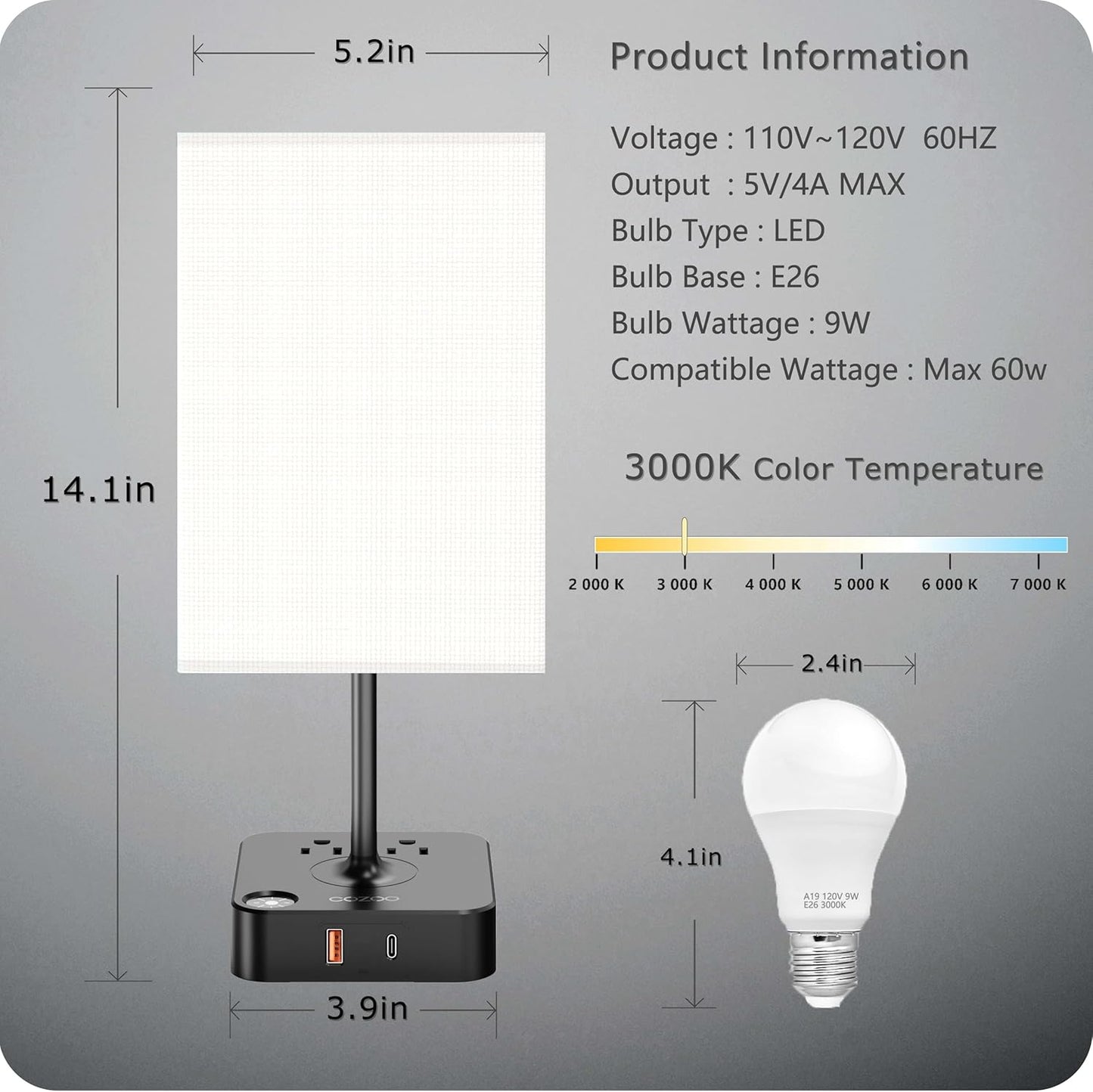 PREMIA HOMES  Table Lamp Dimmable  USB Bedside Table Desk Lamp with 2 USB Charging Port(A+C) 2 Outlet,Nightstand Lamp with Charger Base White Fabric Shade,Led Touch Lamp for Bedroom/Livingroom/Dorm/Home Office