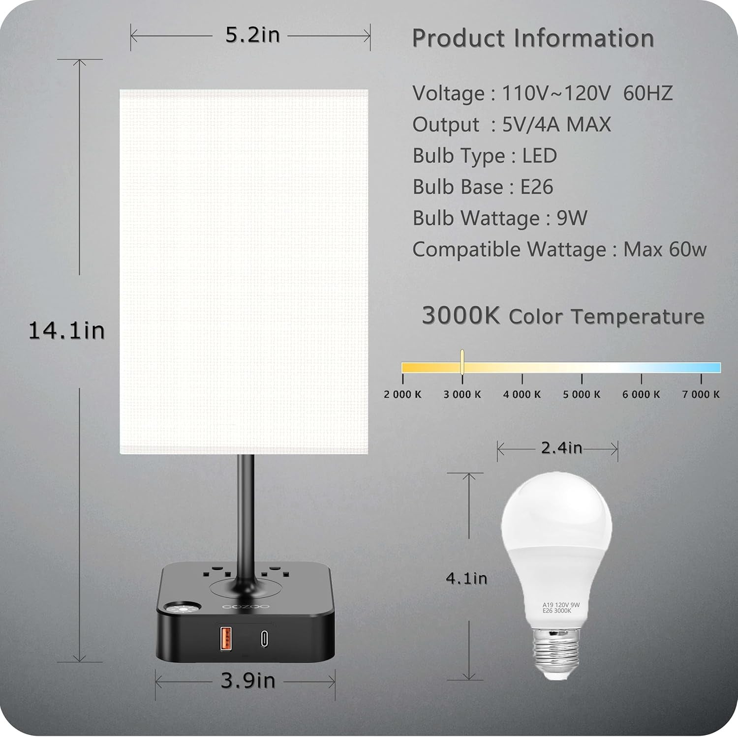 PREMIA HOMES  Table Lamp Dimmable  USB Bedside Table Desk Lamp with 2 USB Charging Port(A+C) 2 Outlet,Nightstand Lamp with Charger Base White Fabric Shade,Led Touch Lamp for Bedroom/Livingroom/Dorm/Home Office