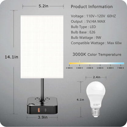 PREMIA HOMES  Table Lamp Dimmable  USB Bedside Table Desk Lamp with 2 USB Charging Port(A+C) 2 Outlet,Nightstand Lamp with Charger Base White Fabric Shade,Led Touch Lamp for Bedroom/Livingroom/Dorm/Home Office