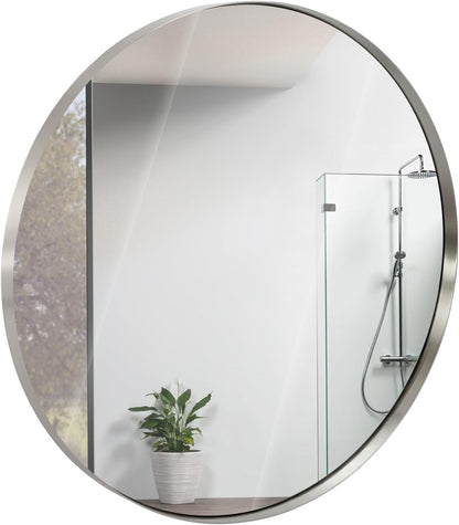 35 Inch round Bathroom Mirror - Brushed Silver Metal Frame - Elegant Wall Mounted for Bedroom, Entryway, and Living Spaces - round Mirrors for Wall Decor