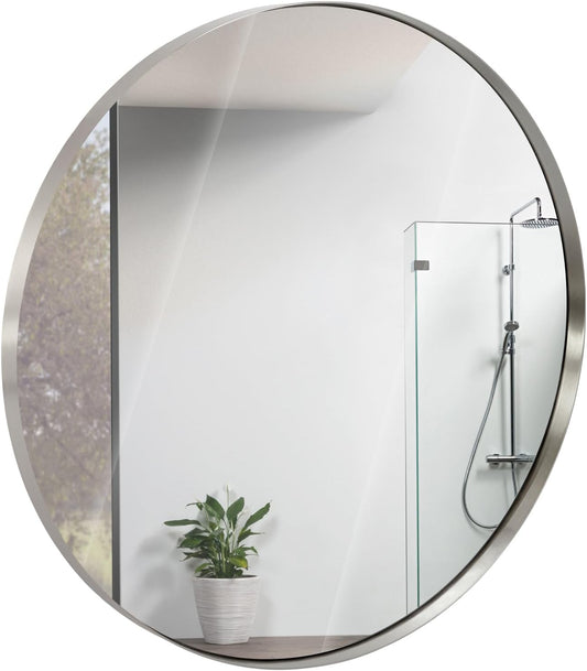 35 Inch round Bathroom Mirror - Brushed Silver Metal Frame - Elegant Wall Mounted for Bedroom, Entryway, and Living Spaces - round Mirrors for Wall Decor