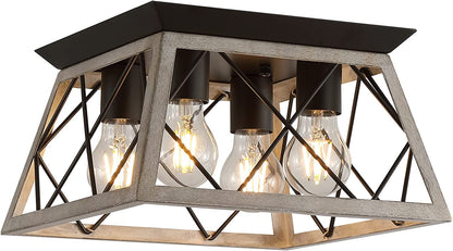 PREMIA HOMES Vintage Farmhouse Flush Mount Ceiling Light Fixture, 4-Light Oak White Semi-Flush Mount Lamp, Rustic Industrial Square Cage Ceiling Light for Dining Room Bedroom Entryway Hallway Kitchen