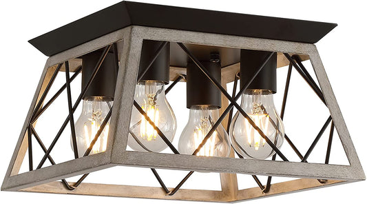 PREMIA HOMES Vintage Farmhouse Flush Mount Ceiling Light Fixture, 4-Light Oak White Semi-Flush Mount Lamp, Rustic Industrial Square Cage Ceiling Light for Dining Room Bedroom Entryway Hallway Kitchen